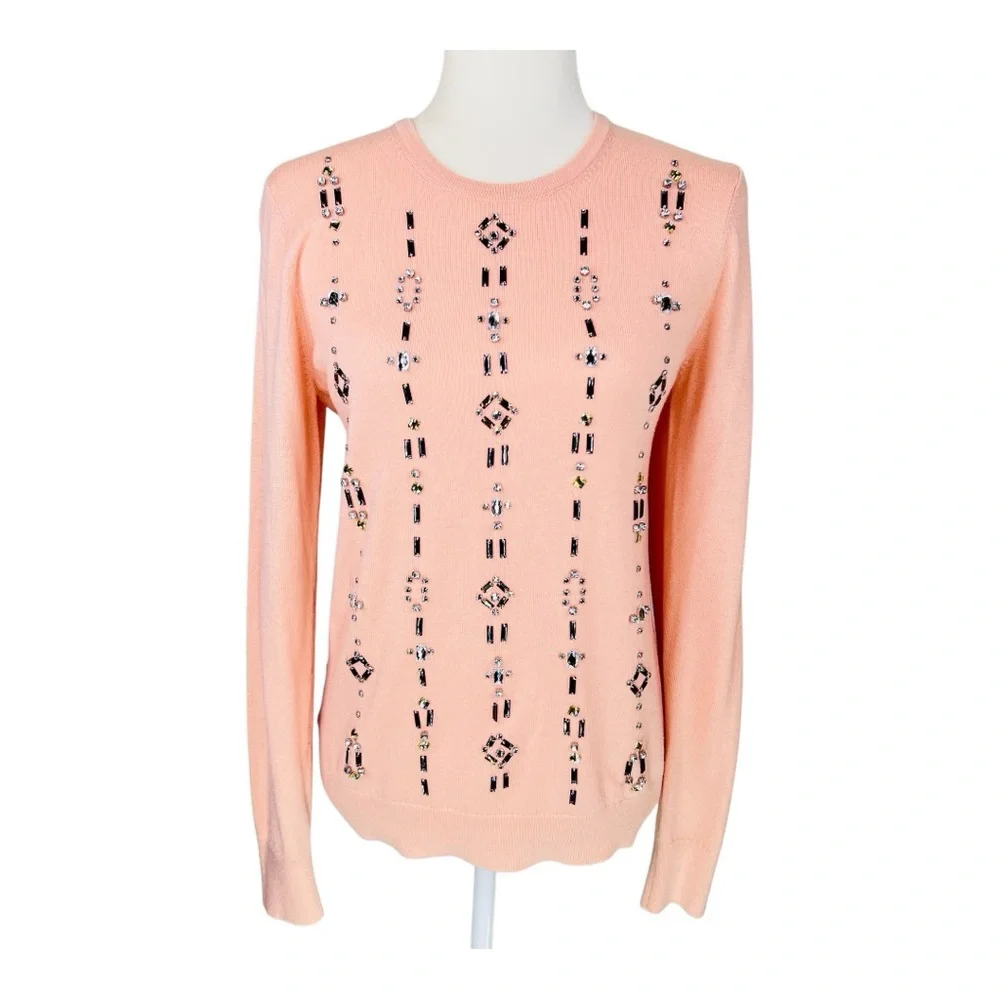 Ann Taylor Blush Pink Gemstone Embellished Wool Blend Knit Crew Neck Sweater